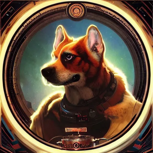 Image similar to realistic heroic picture of Laika the space dog, in a circle frame, art by Artgerm and Greg Rutkowski and Alphonse Mucha