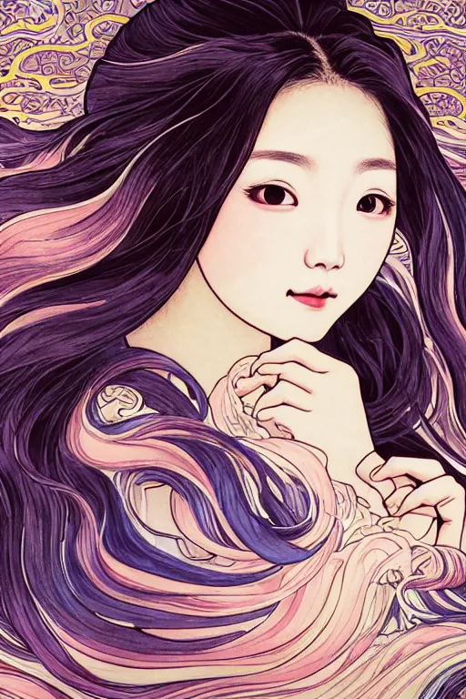 Prompt: beautiful young heroine portrait like twice tzuyu+happy+smoky eyes+front face with light flowing hair smiling, ultradetail face by tian zi and WLOP and alphonse mucha, great wave of hokusai, illustration, fantasy, acryllic spill, intricate complexity, chinese, goddess, holy, divine, rule of thirds, fantasy character concept, watermark, blurry, 8k