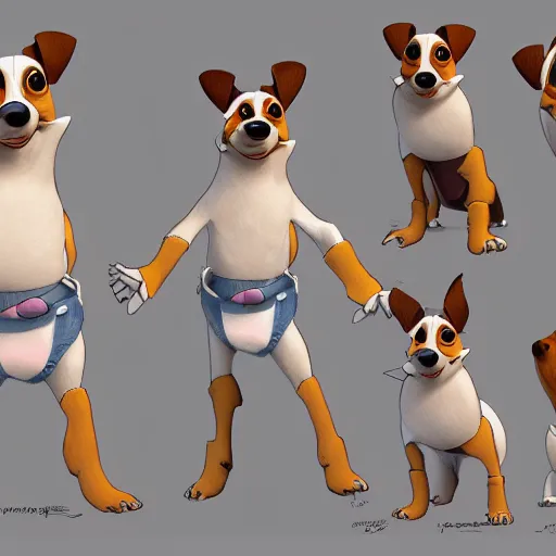 Prompt: jack russel terrier character surprised, pixar, disney, concept art, character sheet, trending on artstation, graphic novel, childrens illustrated storybook, by alphonse mucha and cory loftis and matthias lechner