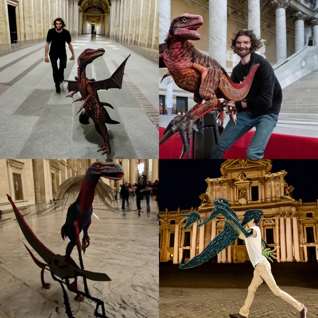 Prompt: gotye riding a velociraptor through the Vatican at night