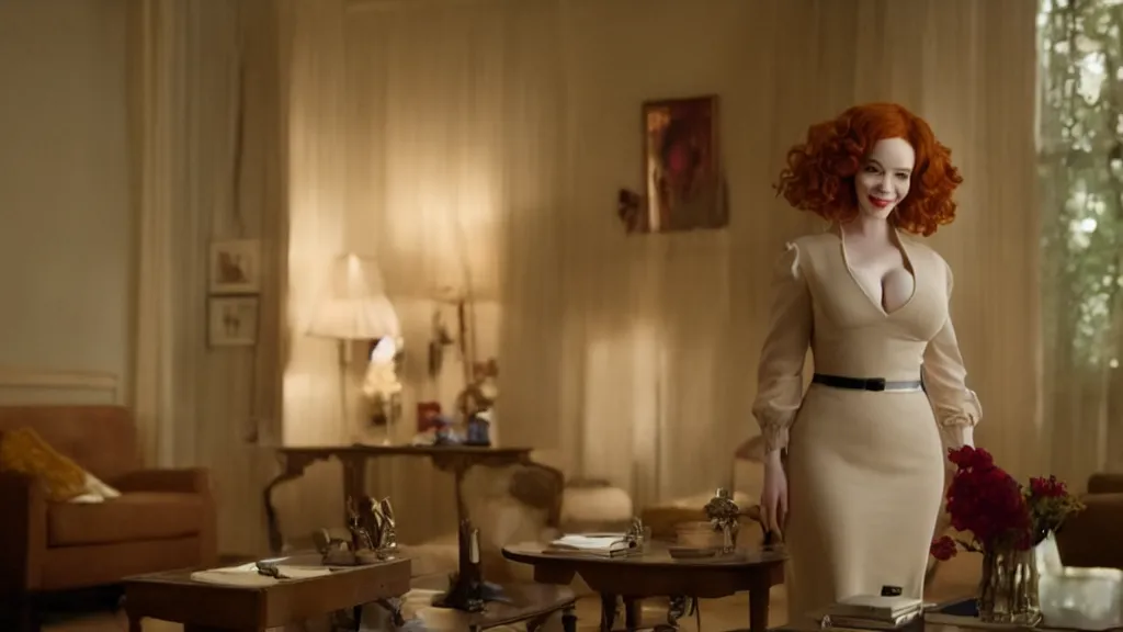 Prompt: a very happy beautiful Christina Hendricks in the living room, film still from the movie directed by Denis Villeneuve with art direction by Salvador Dalí, wide lens