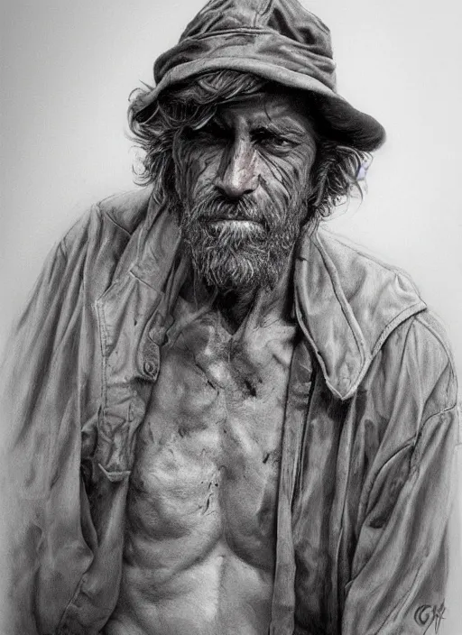 Prompt: a portrait a dirty unwashed homeless man, art by boris vallejo and greg danton and denys tsiperko, detailed, hyperrealism, artstation