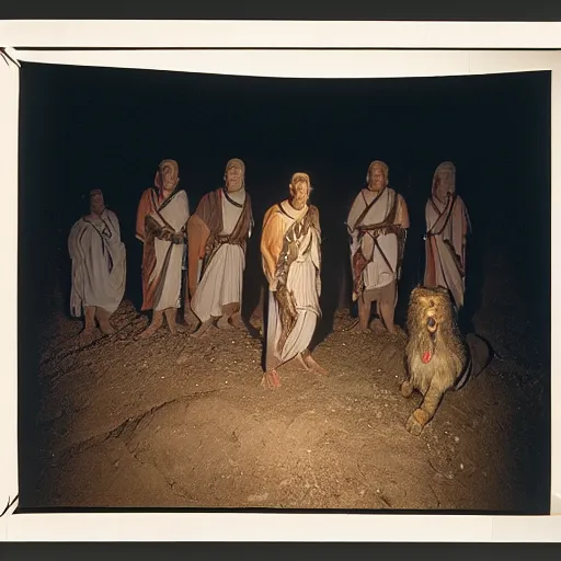 Image similar to 3 5 year old man in ancient canaanite clothing surrounded by ferocious lions. cave interior background. ektachrome photograph, volumetric lighting, f 8 aperture, cinematic eastman 5 3 8 4 film