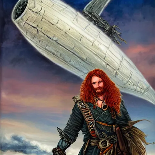 Image similar to an epic fantasy comic book style portrait painting of a long haired, red headed male sky - pirate in front of an airship in the style of ed binkley