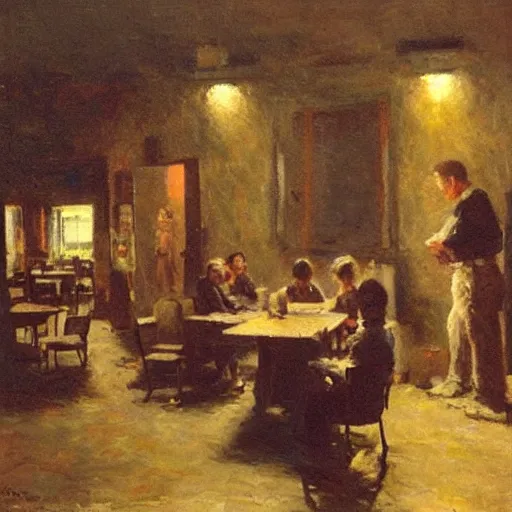 Prompt: by gerald harvey jones daring. a group of people in a dark room. the only source of light is a small window in the corner. the people are all looking at something outside of the mixed mediart.