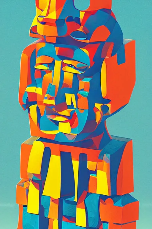 Image similar to cubist moai statue cutout digital illustration cartoon colorful beeple