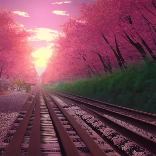 Prompt: a photo realistic anime scene of a train running through a sakura forest on a beautiful sunset. By Makoto shinkai and studio ghibli.