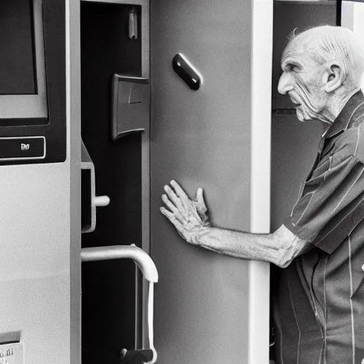 Image similar to B&W photo of an old man looking for help as his hand is stuck in an ATM