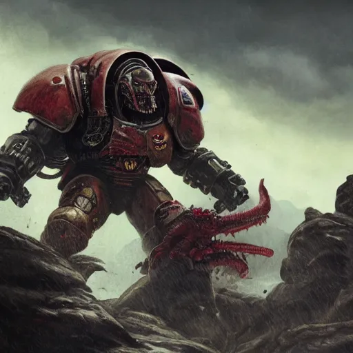 Prompt: A space marine fighting the Predator on top of a mountain, HD, cinematic, black clouds in the background, concept art, art by Leesha Hannigan and Greg Rutkowski, 8K, close up, incredibly high attention to detail, complex, good color blending, award winning artwork