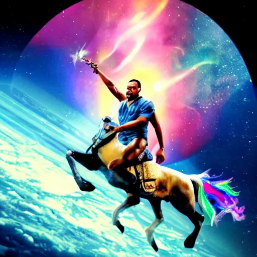 Prompt: photograph of will smith riding a unicorn in space, galaxy, space, rainbows