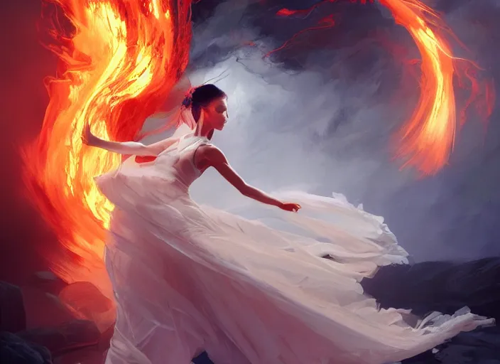 Image similar to a dancer wearing a flowing gown, engulfed in a whirling fire tornado firestorm, emitting smoke and sparks, fantasy, cinematic, fine details by realistic shaded lighting poster by ilya kuvshinov katsuhiro otomo, magali villeneuve, artgerm, jeremy lipkin and michael garmash and rob rey