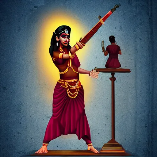 Image similar to digital art modern urban fantasy - full-body standing character concept of a hindi bard worshipping a statue of Kali