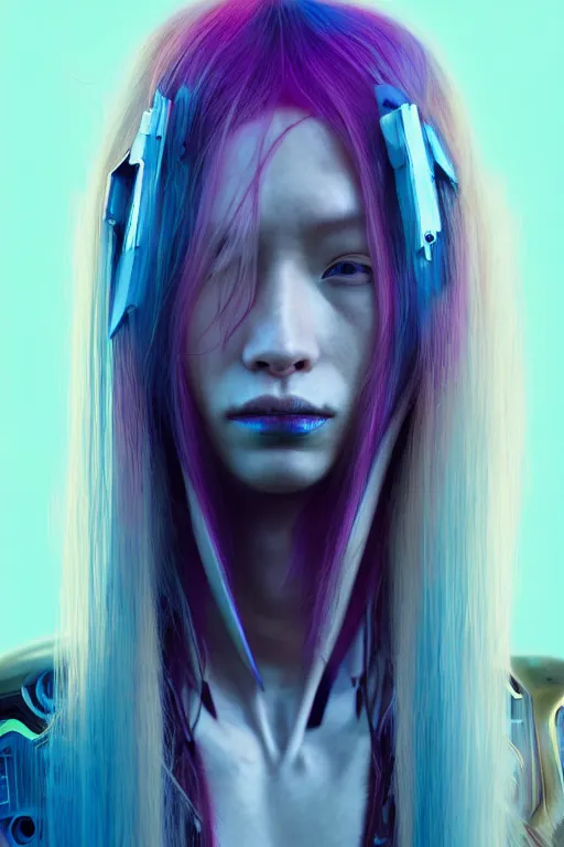 Prompt: a portrait of a beautiful young 28th century super cool post-human female wiht long colorful hair, barely human and largely biomechanical machine, hyper-realistic cyberpunk style, face by Yanjun Cheng, Irakli Nadar, design by Niel Blevins, Takayuki Takeya moody, models by 500px, dramatic cinematic lighting rendered by octane, 8k, detailed, intricate, clean and textures, trending on artstation, deviantart google images, pinterest