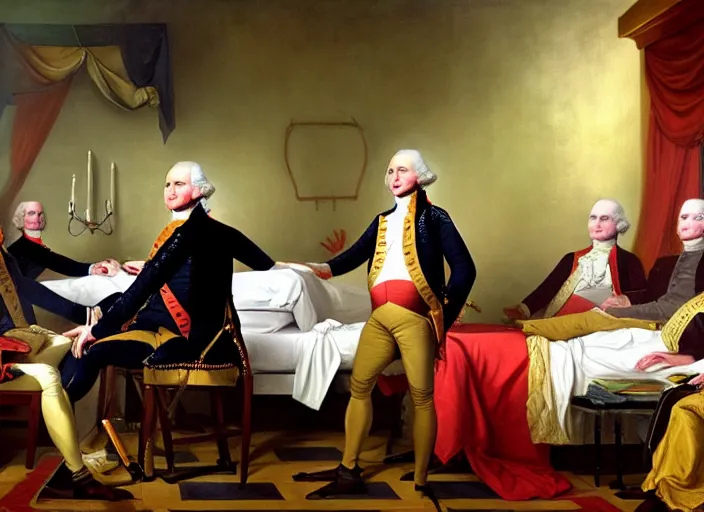 Image similar to oil painting Life of George Washington Deathbed but everyone is looking at glowing iPhones