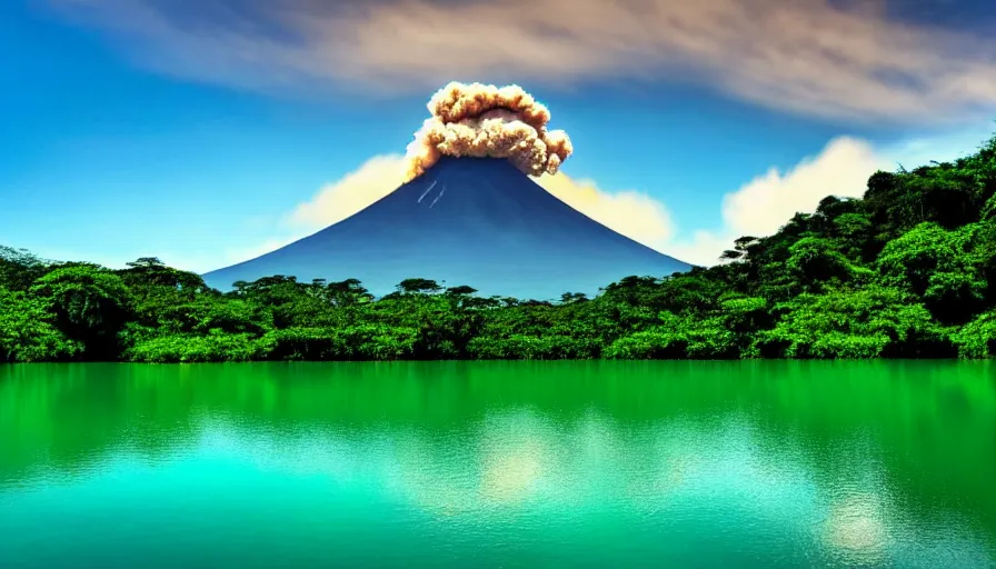 Image similar to a beautiful green scene, guatemalan lake full of bright blue water, volcano in background, high definition, beautiful award winning photography, 8 k.