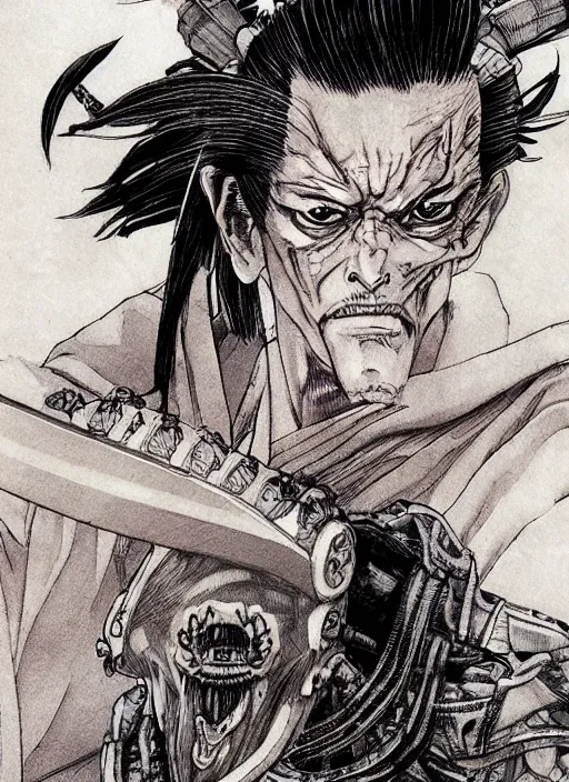 Prompt: a samurai with an extremely scary alien head, by takehiko inoue and kim jung gi and hiroya oku, masterpiece illustration, ultrarealistic, perfect face and anatomy, golden ratio