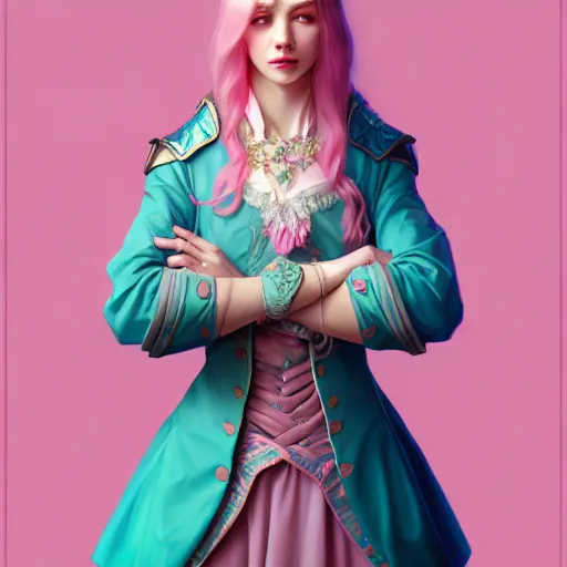 Prompt: aristocrat, teal pink color palette, female, d & d, fantasy, intricate, elegant, highly detailed, long pink hair, digital painting, artstation, octane render, concept art, matte, sharp focus, illustration, hearthstone, art by artgerm, alphonse mucha johannes voss