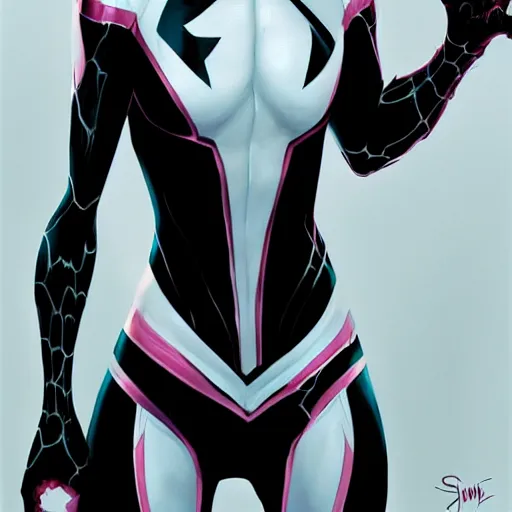 Prompt: gorgeous female Emma Stone as Spider-Gwen as venom sharp teeth, realistic character concept, medium shot, evil pose, comic book, illustration, slender symmetrical body, artstation, cinematic lighting, hyperdetailed, Tom Bagshaw, Joshua Middleton, single face, insanely detailed and intricate, dark and smokey background