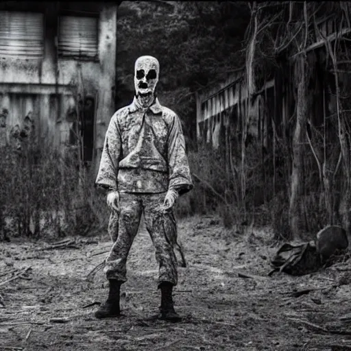 Prompt: horror movie about japanese world wae soldier ghost in abandoned town, realistic