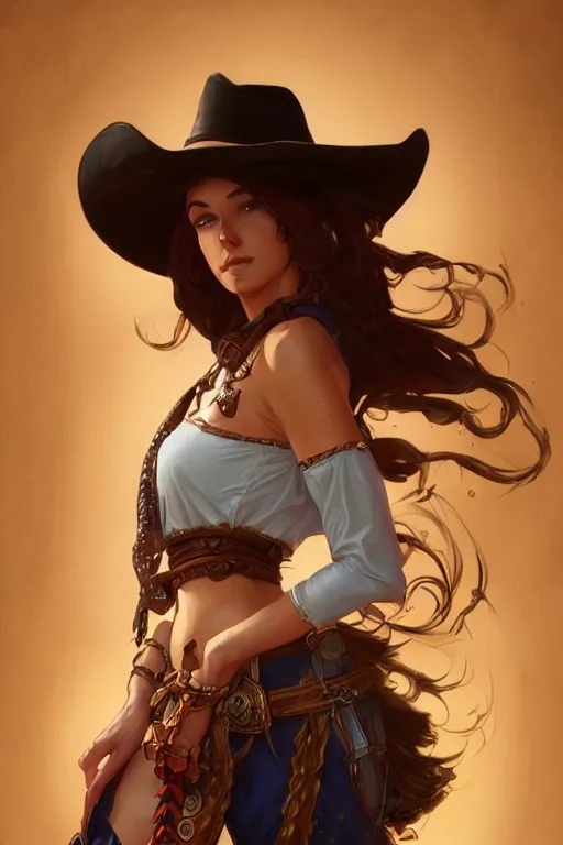 Image similar to beautiful female cowgirl, full body shot, d & d, fantasy, intricate, elegant, highly detailed, digital painting, artstation, concept art, matte, sharp focus, illustration, hearthstone, art by artgerm and greg rutkowski and alphonse mucha