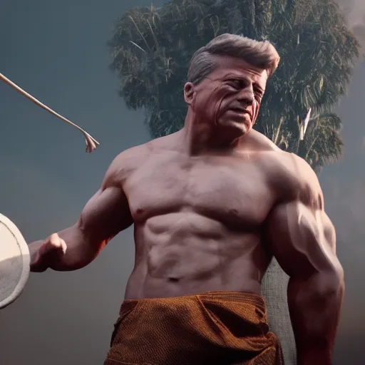 Image similar to john f kennedy as an amazon warrior, muscles, muscles, 4 k, octane render, volumetric lighting, unreal engine, raytacing