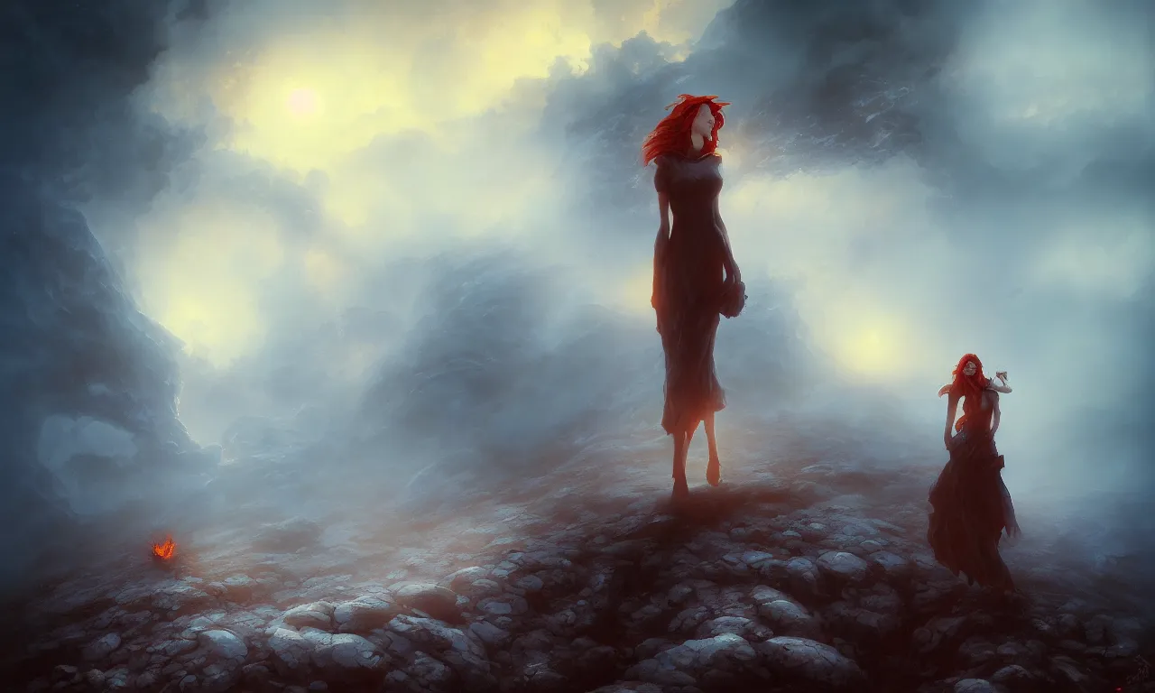 Image similar to the lonely witch standing at the edge of a fiery caldera by bastien deharme and gerald brom and mark arian and omar ortiz, smooth round rocks, deep blue sky, low light, misty, smoky, tonalism, sfumato