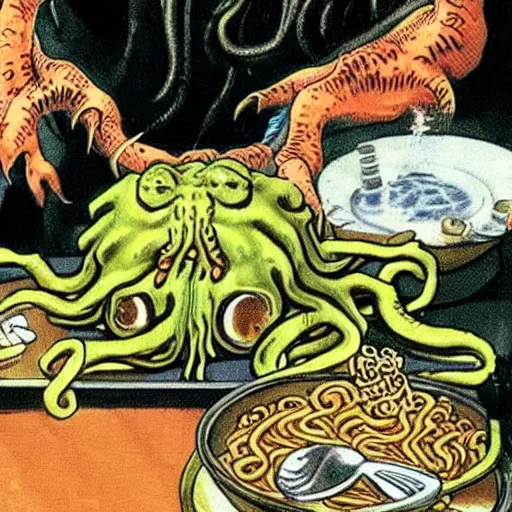 Prompt: Cthulhu monster using its tentacle sitting at table eating ramen H.P. Lovecraft