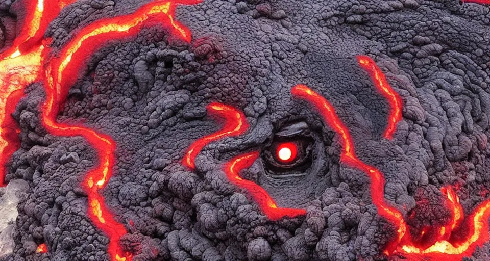 Image similar to a volcano made of ivory vines and crimson rocks enters in eruption, it spits a smoke in the shape of demonic eye, by Akira Toriyama
