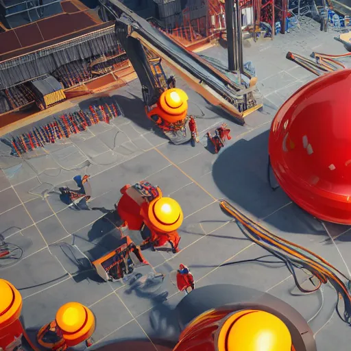 Image similar to top - view of workers / mechanic working on mickey mouse giant head, big red glowing netflix logo in behind wall, low cinematic lighting, front lit, beeple, cgsociety, unreal engine, octane render, trending on art station, highly detailed 4 k art, intricate, hyperr realistic