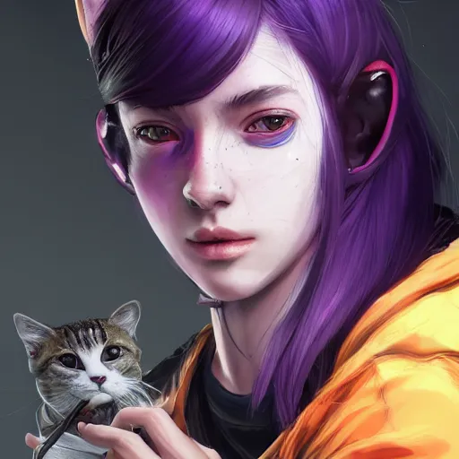 Image similar to a pale skinny young girl with purple hair, the hime cut, 1 8, in a black hoodie, and a cat, apex legends character, digital illustration portrait design, by android jones and greg rutkowski, retrowave color scheme, detailed, cinematic lighting, wide angle action dynamic portrait