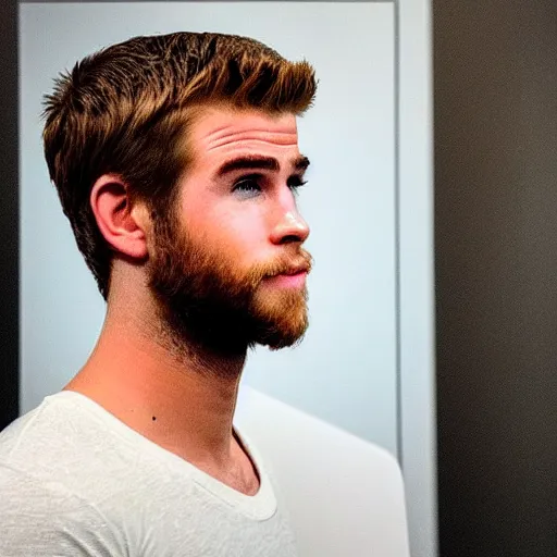 Image similar to “a realistic detailed photo of a guy who is an attractive humanoid who is half robot and half humanoid, who is a male android, actor Liam Hemsworth, shiny skin, posing like a statue, blank stare, at the museum, on display”