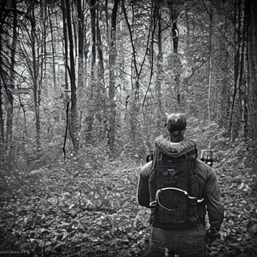 Prompt: trail _ camera _ photo _ of _ a _ minion _ in _ the _ woods _ realistic _ spooky _ grimdark _ night _ black _ and _ white