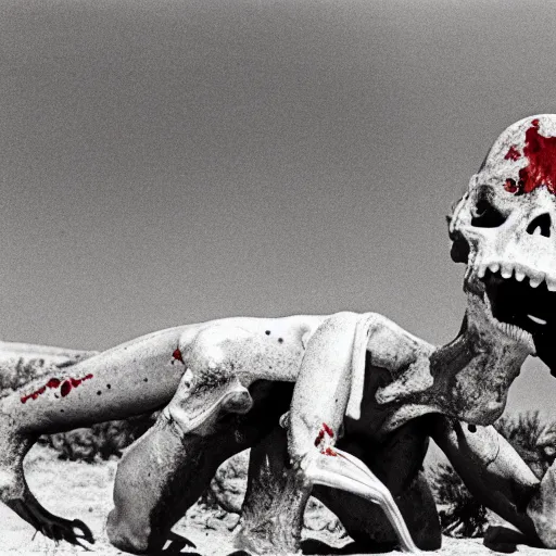 Image similar to in the desert a bloody horrifying The Thing creature made of muscle and bone and blood, mid day, 35mm photography, realistic,