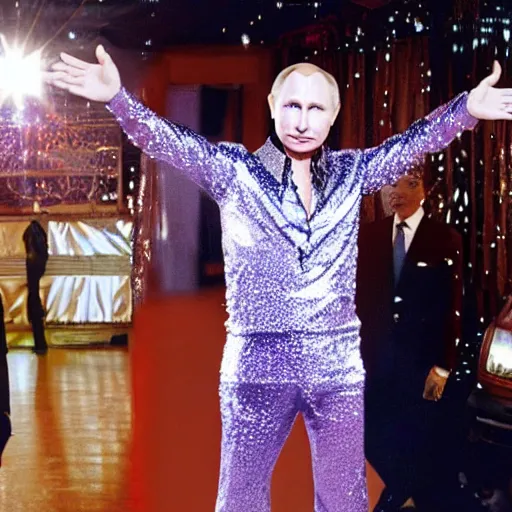 Image similar to Putin wearing a disco suit in Saturday Night Fever