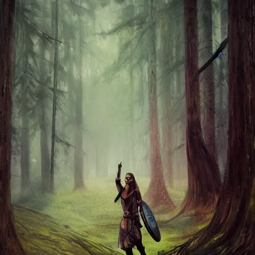 Image similar to a smiling viking shadow behind her a blurred forest, detailed and realistic painting, atmosphere, dynamic, expressions, cinematic