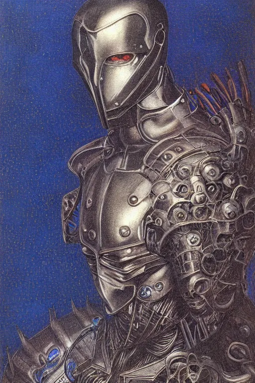 Image similar to portrait of beautiful gothic young man, warhammer, cyber armor, a lot of scars, thunderstorm and fire, blue head, the middle ages, highly detailed, artstation, illustration, art by jean delville, 8 k quality, art by jean delville, max ernst