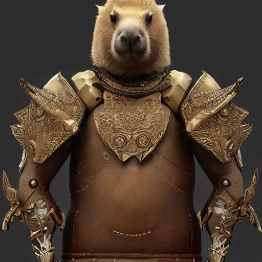 Image similar to fine art matte painting of an anthropomorphic capybara warrior in full intricate armor, ultra detailed, digital art, octane render 4K-H 720