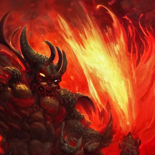 Image similar to surtur as khorne, artstation hall of fame gallery, editors choice, #1 digital painting of all time, most beautiful image ever created, emotionally evocative, greatest art ever made, lifetime achievement magnum opus masterpiece, the most amazing breathtaking image with the deepest message ever painted, a thing of beauty beyond imagination or words