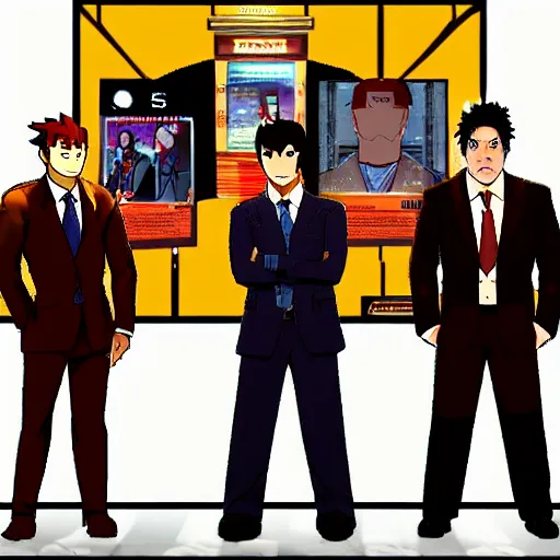 Prompt: Jetstream Sam, Omori, and Saul Goodman, standing next to Phoenix Wright, award-winning photograph, dramatic lighting