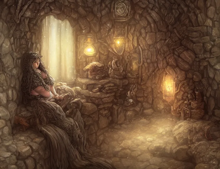 Prompt: A chubby nice dwarven woman at her home looking through the window to a snowstorm outside, highly detailed complex braided hair, realistic, beautiful, fantasy art, dungeons and dragons, lord of the rings, in the style of brian froud and thomas kinkade, illustration, very cozy, fantasy, intricate, hyper detailed, artstation, concept art, smooth, sharp focus, ray tracing, vibrant