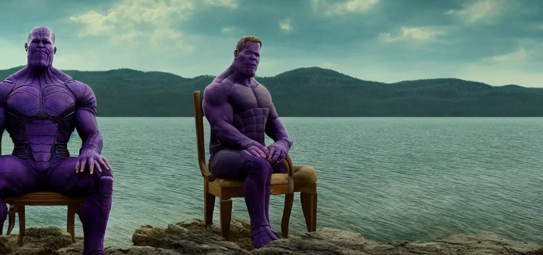 Image similar to a very high resolution image from a new movie. thanos sitting on chair in a lake, photorealistic, photography, directed by wes anderson