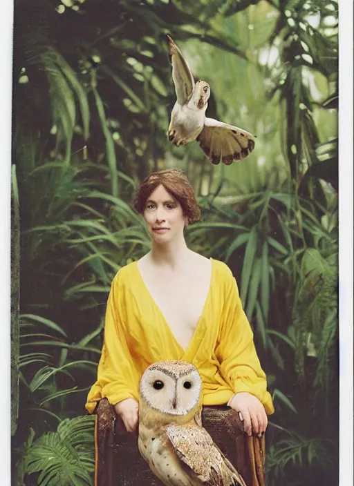 Image similar to Pre - raphaelit grainy head to shoulder portrait Polaroid film photograph of an elegant top model wearing a yellow kimono with a very detailed barn owl on her shoulder!!! sitting on a throne in a tropical greenhouse. looking at the camera!!. super resolution. Extremely detailed. Polaroid 600 film.