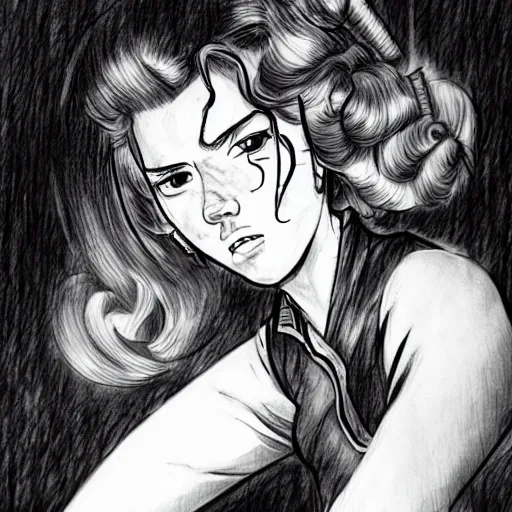 Image similar to scarlett johansson in afro samurai manga style, pencil and ink, in a bar fight