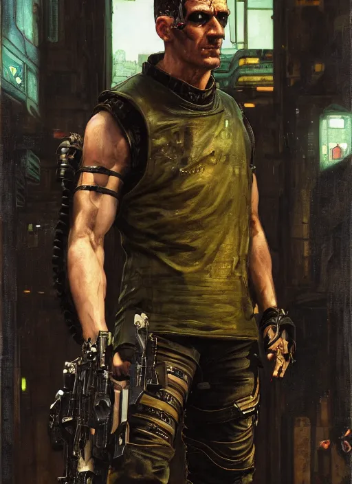 Image similar to frankenstein. cyberpunk mercenary wearing a military vest and combat jumpsuit. (Cyberpunk 2077, bladerunner 2049). Iranian orientalist portrait by john william waterhouse and Edwin Longsden Long and Theodore Ralli and Nasreddine Dinet, oil on canvas. Cinematic, vivid colors, hyper realism, realistic proportions, dramatic lighting, high detail 4k