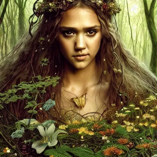 Image similar to head and shoulders portrait of a flowering fey fairy warlock portrayed by young jessica alba, in a magical forest, d & d, fantasy, luis royo, magali villeneuve, donato giancola, wlop, krenz cushart, hans zatka, klimt, alphonse mucha