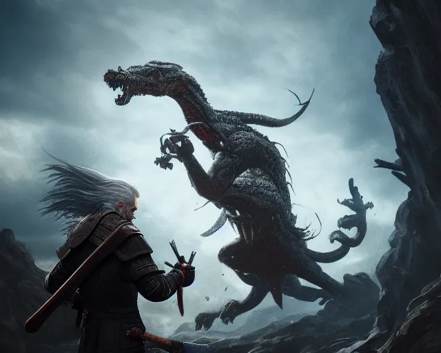 Image similar to 5 5 mm portrait photo of geralt fighting a 5 headed hydra. magical atmosphere. art by greg rutkowski. highly detailed 8 k. intricate. lifelike. soft light. nikon d 8 5 0.