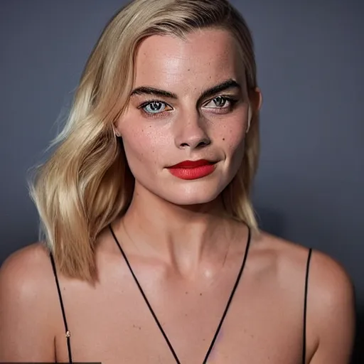 Image similar to a woman who is a genetic combination of margot robbie and emma watson face and upper - body focus