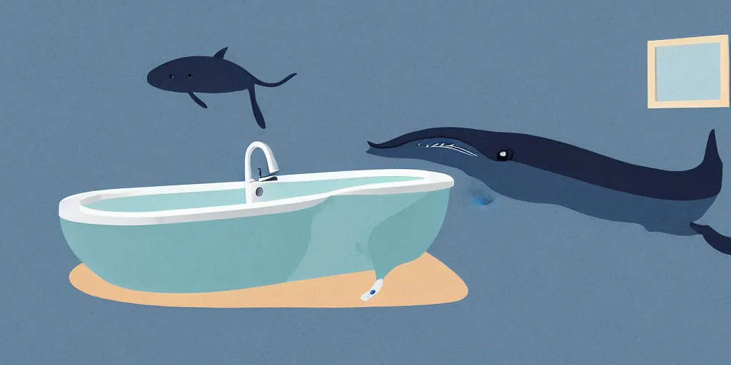 Image similar to A blue whale swimming inside a bathtub, digital illustration-H 768