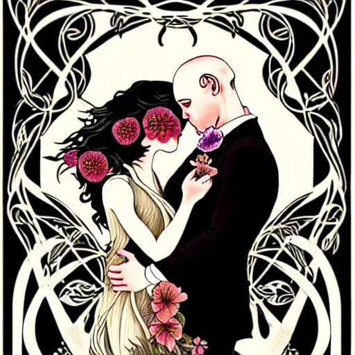 Image similar to a couple in love. she has dark wavy hair. he is bald. in the style of art nouveau. floral. hyper detailed. intricate. beautiful.