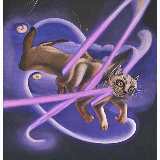 Image similar to bosch painting apocalyptic of a flying cat god in purple flames